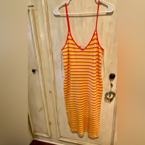 Zara Orange Yellow White Striped Crochet Knit Maxi Dress Size Medium - Picture 3 of 6